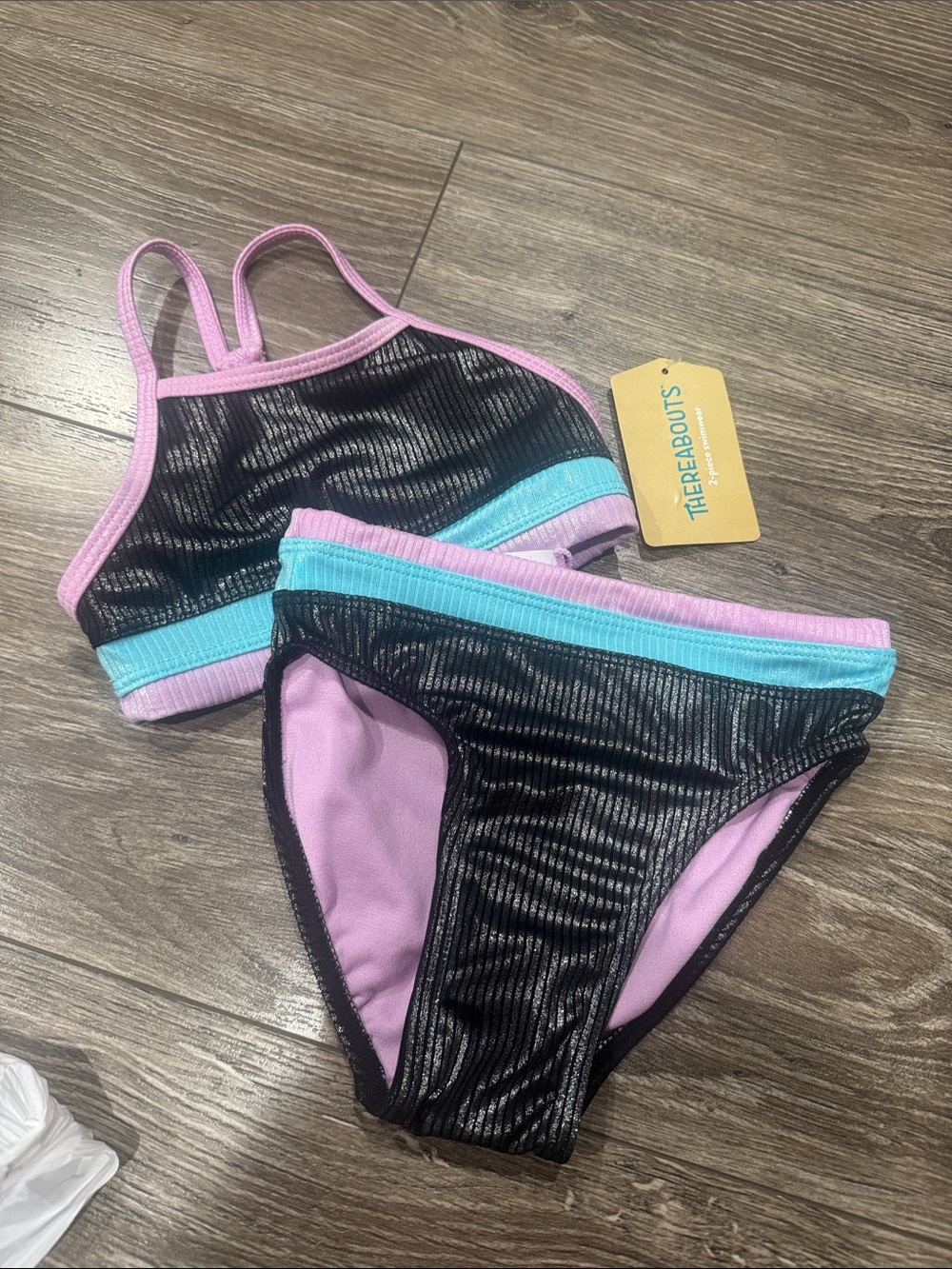 NWT 4/5 Thereabouts Girls' Black Ribbed Bikini with Pink & Blue Trim